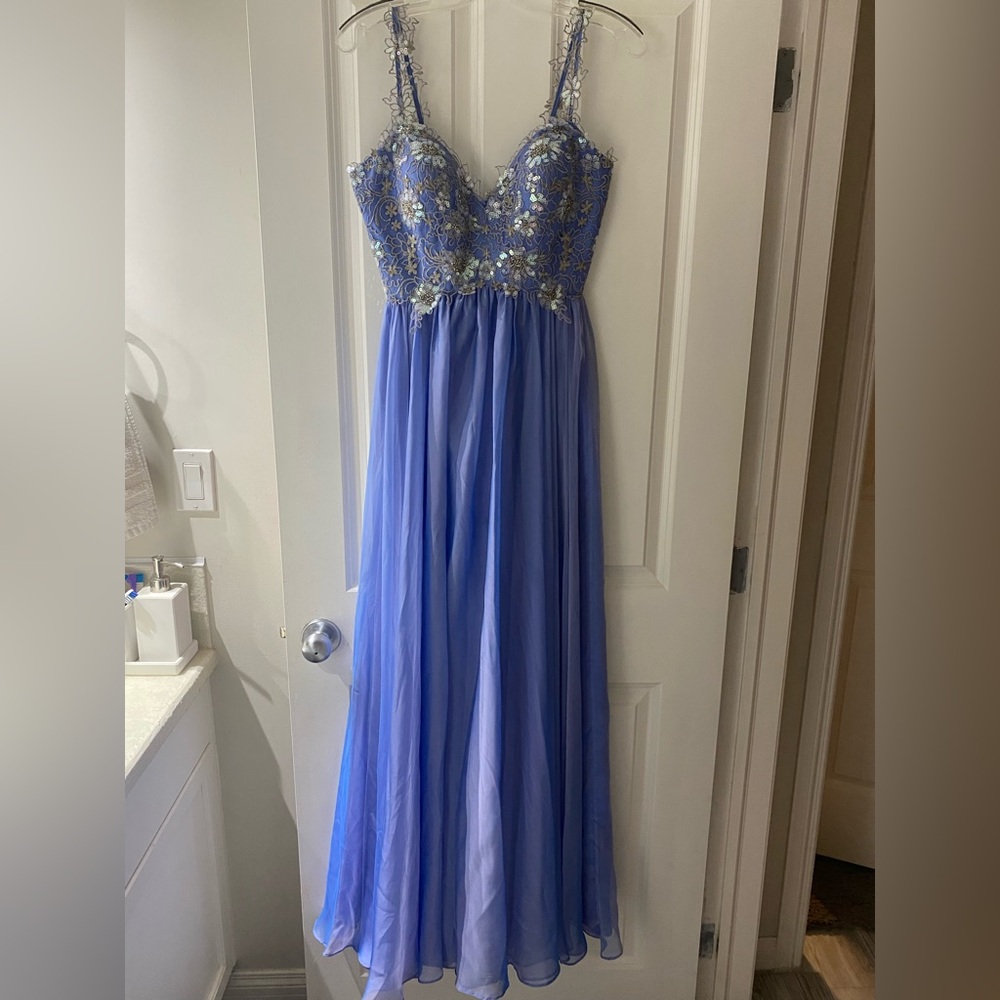 Periwinkle Gown with Floral Lace Appliqué